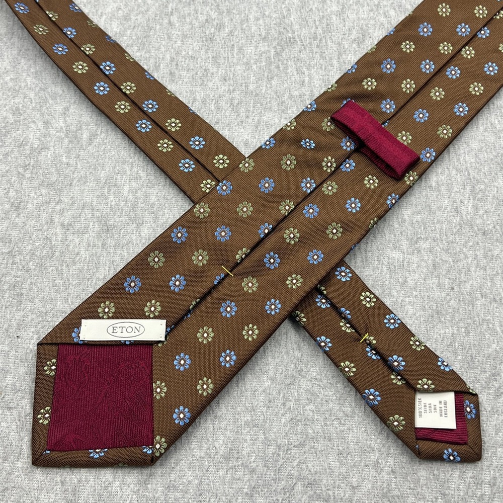 Eton 100% Silk Floral Tie Brown Geometric Classic Length Luxury Necktie England